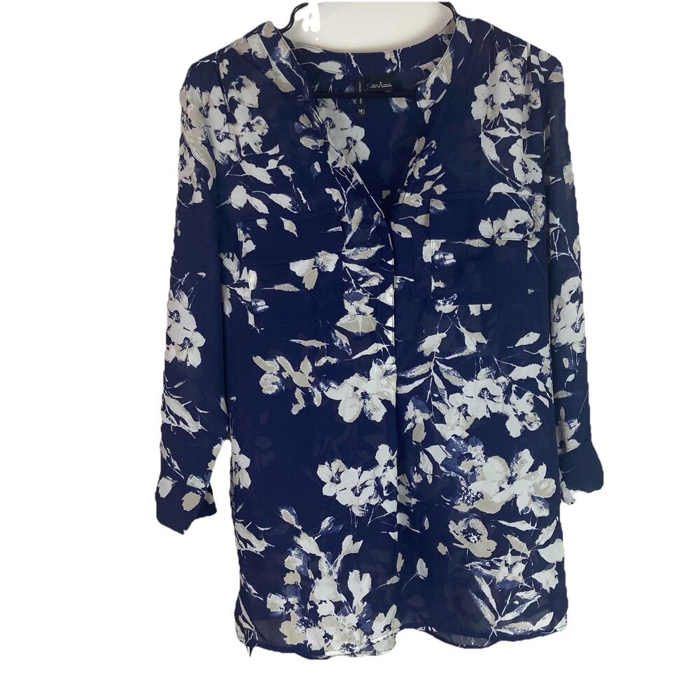 New Directions Women’s Navy Floral Sheer Top Front Pockets Cinched Sides Size L